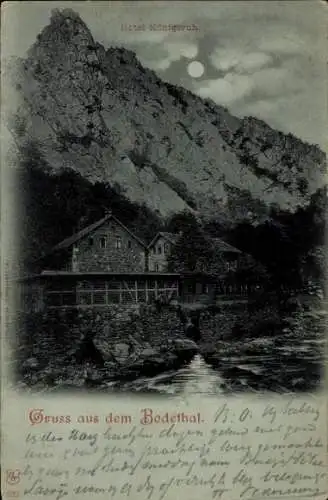 Mondschein Ak Thale im Harz, Bodetal, Hotel Königsruh