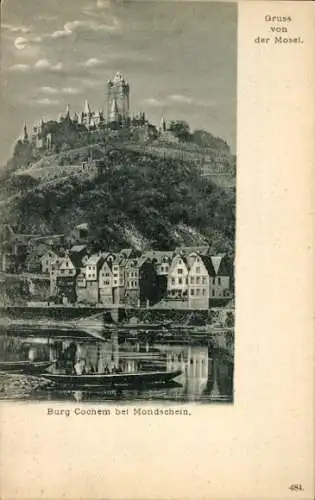 Mondschein Ak Cochem an der Mosel, Burg Cochem