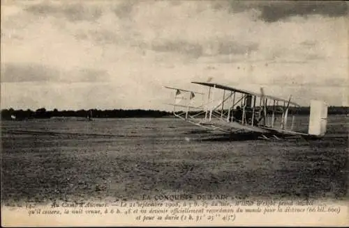 Ak Die Eroberung der Luft, Auvours Camp, Wilbur Wright, Doppeldecker