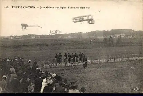 Ak Port-Aviation, Jean Gobron auf dem Doppeldecker Voisin, im vollen Flug
