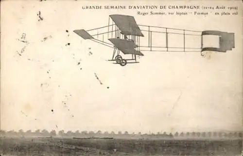 Ak Grande Semaine d'Aviation de Champagne 1909, Roger Sommer auf dem Farman-Doppeldecker
