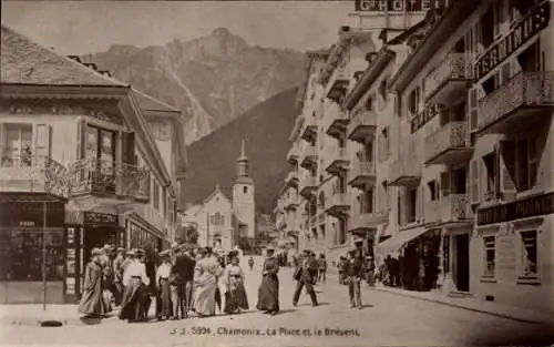 Ak Chamonix Mont Blanc Haute Savoie, La Place et le Brevent, Hotel Terminus