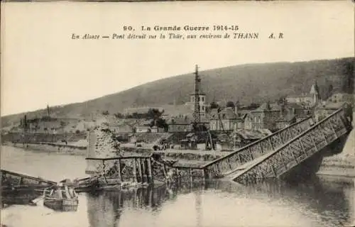 Ak Thann Elsass Haut Rhin, zerstörte Brücke, 1914-15