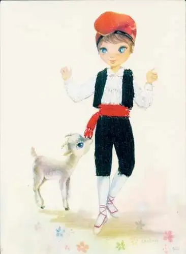 Seidenstick Künstler Ak Lester, Spanische Tracht, Kind, Ziege