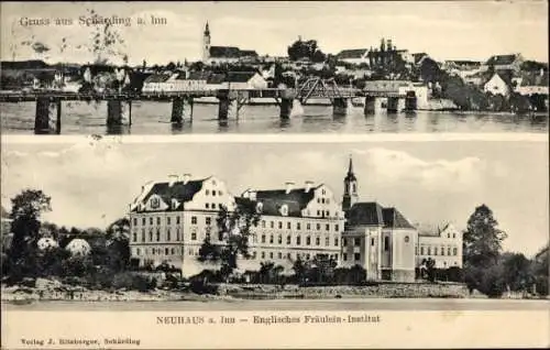 Ak Schärding Neuhaus am Inn, Englisches Fräulein Institut, Brücke