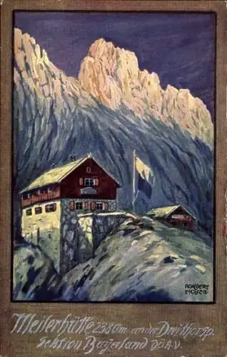 Künstler Ak Holzer, A., Garmisch Partenkirchen in Oberbayern, Meilerhütte an der Dreitorspitze