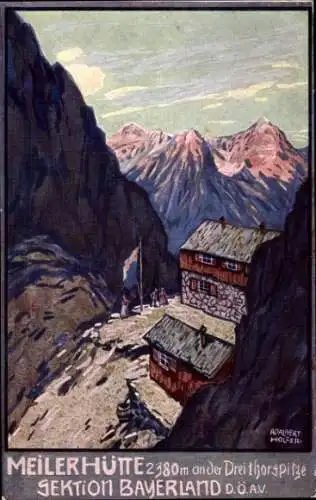 Künstler Ak Holzer, A., Garmisch Partenkirchen in Oberbayern, Meilerhütte an der Dreitorspitze
