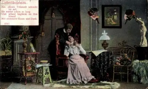 Ak Liebespaar, Liebesländeleien, Aus süßen Träumen schreckt sie auf...