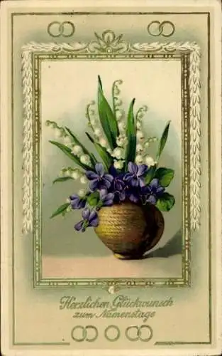 Präge Passepartout Ak Glückwunsch Namenstag, Veilchen, Maiglöckchen