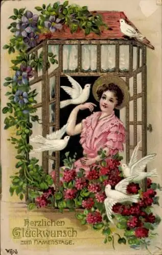 Ak Glückwunsch Namenstag, Frau am Fenster, Tauben, Blumen