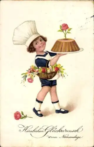 Ak Glückwunsch Namenstag, Bäckerin, Kuchen, Blumenkorb