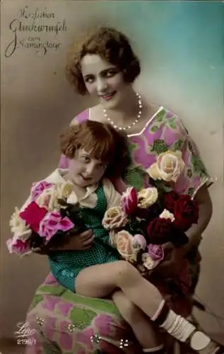 Ak Glückwunsch Namenstag, Frau mit Kind, Portrait, Rosen