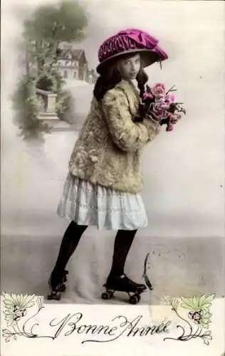Ak Glückwunsch Neujahr, Mädchen fährt Rollschuh, Blumen