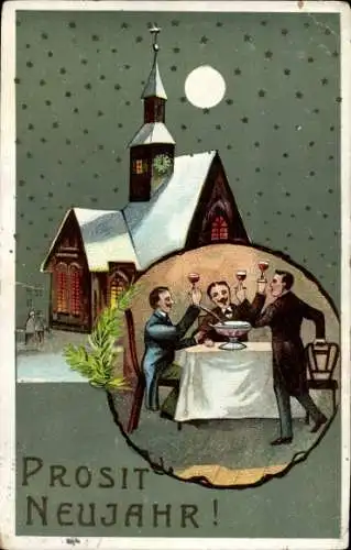 Ak Glückwunsch Neujahr, Feiernde Männer, Kirche, Punsch, Mond