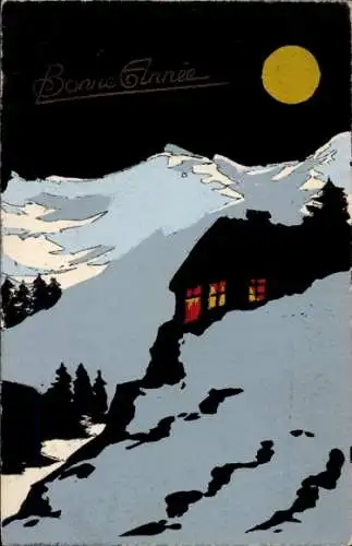 Scherenschnitt Ak Glückwunsch Neujahr, Mond, Haus, Schnee, Winter