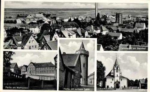 Ak Großostheim Unterfranken, Teilansicht am Bahnhof, Marktplatz, spitzer Turm, Kirche