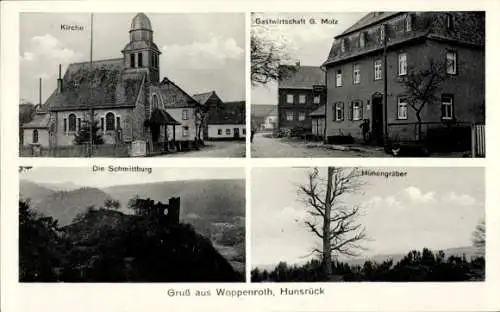 Ak Woppenroth im Hunsrück, Kirche, Gastwirtschaft G. Molz, Schmittburg, Hünengräber