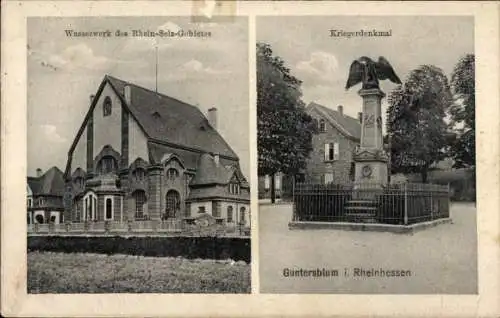 Ak Guntersblum am Rhein, Wasserwerk des Rhein-Selz-Gebietes, Kriegerdenkmal