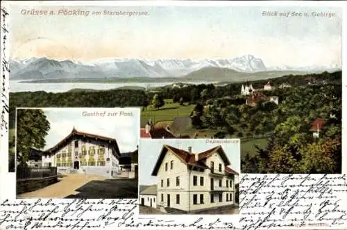 Ak Pöcking am Starnberger See Oberbayern, Panorama, Gasthof zur Post, Dependance