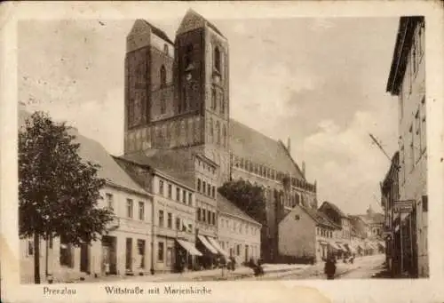 Ak Prenzlau in der Uckermark, Wittstraße mit Marienkirche, Geschäfte