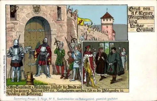 Künstler Ak Neckargemünd am Neckar, Ritter Engelhardt schließt die Stadt 1399