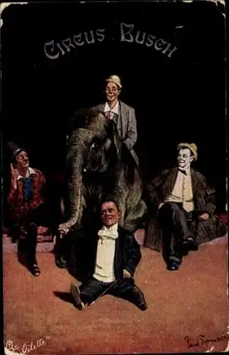 Künstler Ak Zirkus Busch, Elefant, Clowns