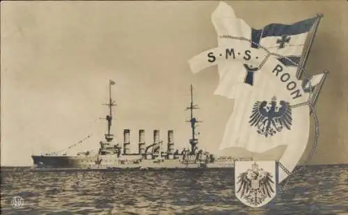 Ak Deutsches Kriegsschiff, SMS Roon, Kaiserliche Marine, Fahnen, GLK