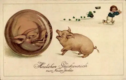 Ak Glückwunsch Neujahr, Schwein, Glaskugel, Kind