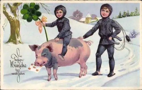 Ak Glückwunsch Neujahr, Schornsteinfeger, Schwein, Glücksklee