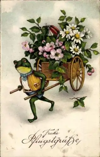 Ak Glückwunsch Pfingsten, Frosch, Schubkarre, Blumen