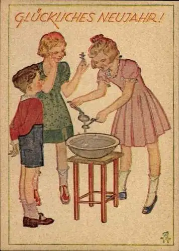 4 alte Ansichten Glückwunsch Neujahr, diverse Bilder