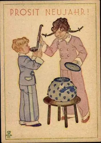 4 alte Ansichten Glückwunsch Neujahr, diverse Bilder