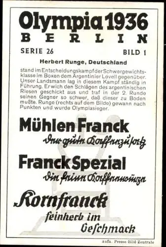 Sammelbild Olympia 1936, Serie 26 Bild 1, Boxen, Schwergewicht Herbert Runge, Lovell, Franck-Kaffee