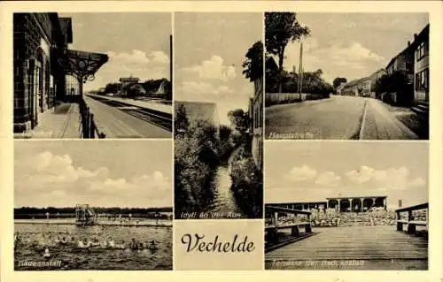 Ak Vechelde in Niedersachsen, Bahnhof vom Bahnsteig, Badeanstalt, Terrasse, Auepartie, Hauptstraße