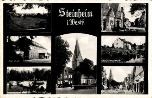 Ak Steinheim in Westfalen, Bahnhof, Marktstraße, Brückenpartie, Ehrenmal, Kirche