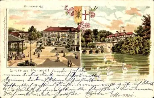 Litho Bad Pyrmont in Niedersachsen, Brunnenplatz, Schloss, Wasserpartie, Wappen