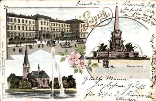 Litho Leipzig in Sachsen, Mendebrunnen, Hotel Dresdner Bahnhof, Lutherkirche