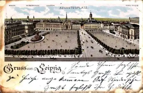 Litho Leipzig in Sachsen, Augustusplatz, Museum, Theater, Menderbrunnen