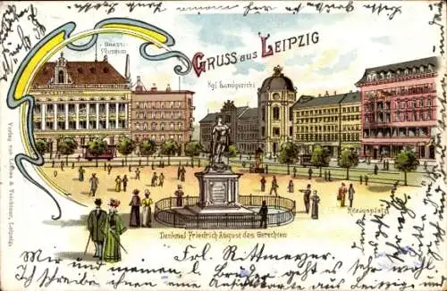 Litho Leipzig in Sachsen, Denkmal Friedrich August des Gerechten, Königsplatz, Landgericht