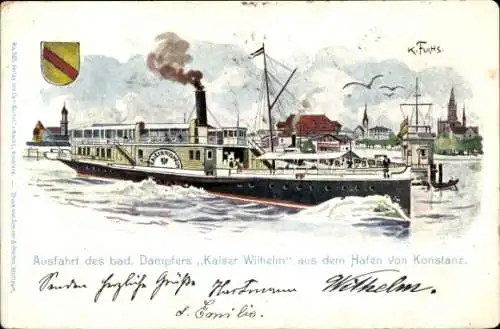 Künstler Litho Fuchs, Karl, Konstanz am Bodensee, Ausfahrt des Dampfers Kaiser Wilhelm aus dem Hafen