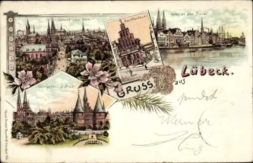 Litho Hansestadt Lübeck, Hafen, Holstentor, Schifferhaus