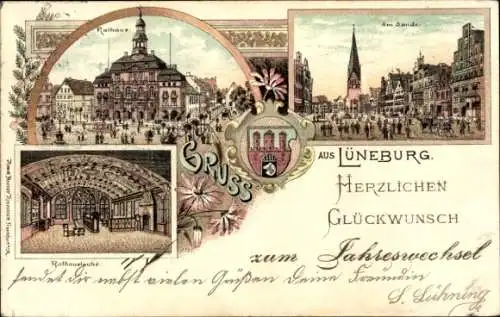 Litho Lüneburg in Niedersachsen, Rathaus, Sand, Wappen