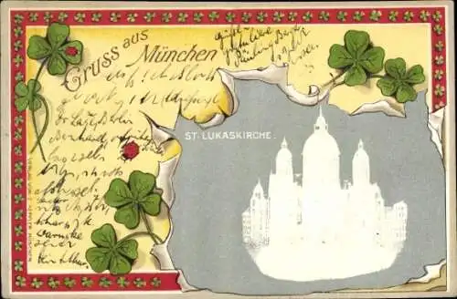 Präge Passepartout Ak München, Sankt-Lukaskirche, Glücksklee