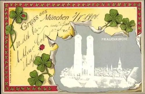 Präge Passepartout Ak München, Frauenkirche, Glücksklee