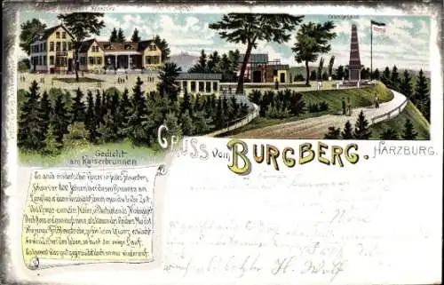 Litho Bad Harzburg Niedersachsen, Hotel Burgberge, Brocken, Canossa Säule, Gedicht am Kaiserbrunnen