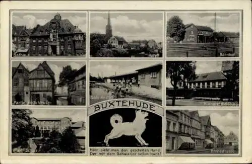 Ak Buxtehude in Niedersachsen, Bahnhof, Kurhotel Waldburg, Breitestraße, Rathaus, Badeanstalt