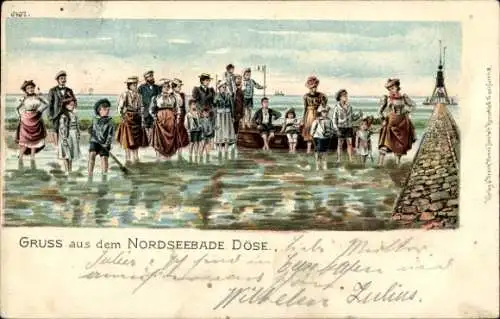 Litho Nordseebad Döse Cuxhaven, Menschen im Wasser