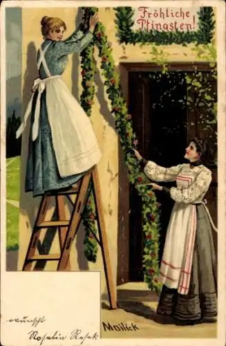 Künstler Litho Mailick, Glückwunsch Pfingsten, Frauen schmücken Haus mit Blumen