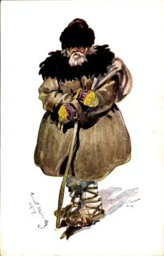 Künstler Ak Wolhynische Typen, Ukraine, Alter Mann, Gehstock