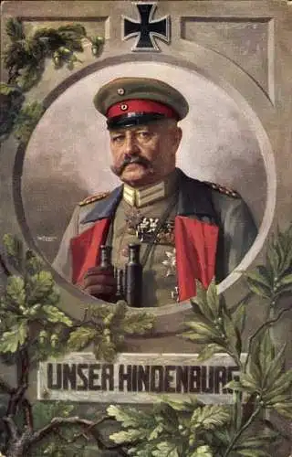 Passepartout Künstler Ak Fischer, Generalfeldmarschall Paul von Hindenburg mit Feldstecher